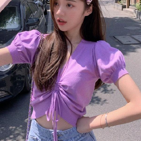 

women's sweaters v neck puff short sleeve knitted 2021 drawstring lace up pullover sweater jumper wdc4762, White;black