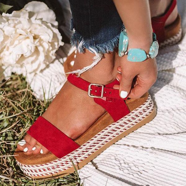 

dress shoes summer women sandals straw thick bottom ladies peep toe beach flat belt buckle, Black