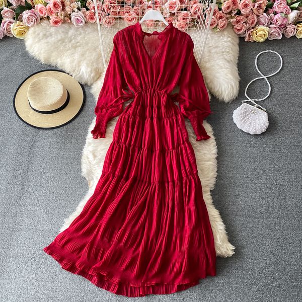 

2021 vintage red/orange/beige chiffon women elegant v-neck lantern long sleeve high waist party beach vestido female spring fqhs, Black;gray