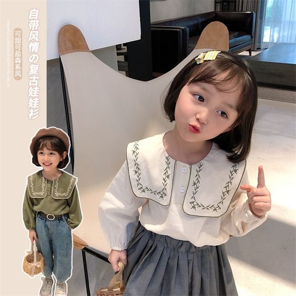 Outono meninas moda bordado marinheiro coleira de manga comprida camisas crianças jacquard vintage camisa 210306