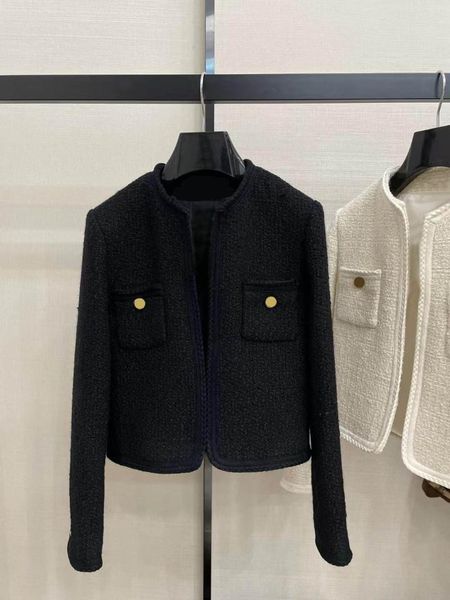 

women's wool & blends high-end solid tweed coats for women double pocket jackets 3d cut o-neck long sleeve woolen lady winter 20, Black