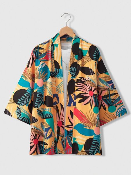 

men random tropical print drop shoulder open front kimono without tee s2ay#, White;black