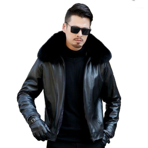 

leather jack mens winter jacket plus size 3xl fur collar pu leather jackets for men solid long men's warm coats1, Black