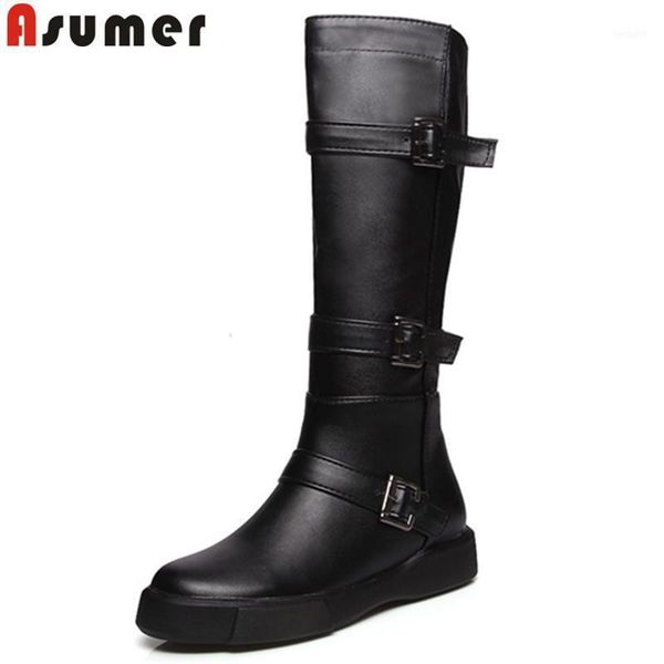 

boots asumer 2021 fashion knee high round toe buckle autumn winter flat comfortable ladies big size11, Black