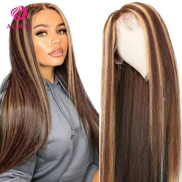 

lace wigs aliwig hightlihht ombre straight 13x4 front wig 100% remy human hair honey blonde for black women 32 inch, Black;brown