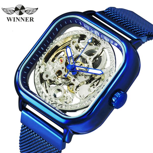 

winner blue square luxury elegant automatic mechanical self-wind cutting magnet mesh rustless steel band men watches 075, Slivery;brown