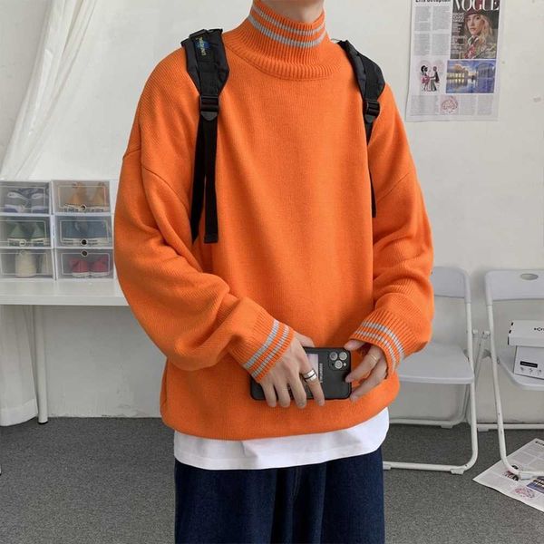 Hip Hop Orange Pullover Männer Langarm Shirts Mock Neck Pullover Männer Mode Kleidung Koreanische Mode Gestrickte Pullover Herren Y0907