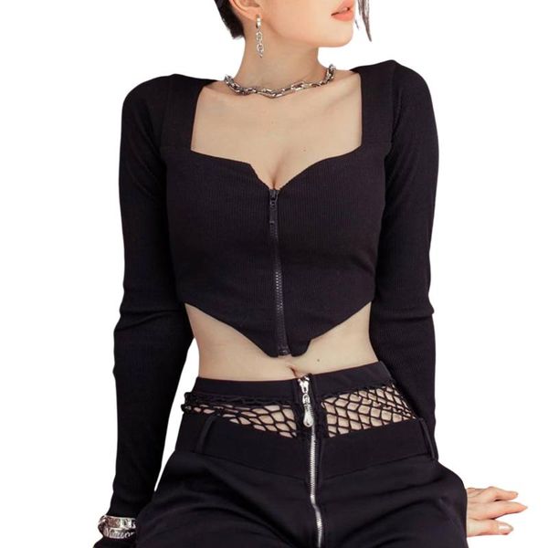 

women fashion long sleeve zipper stylish solid color crop for ladies female, White