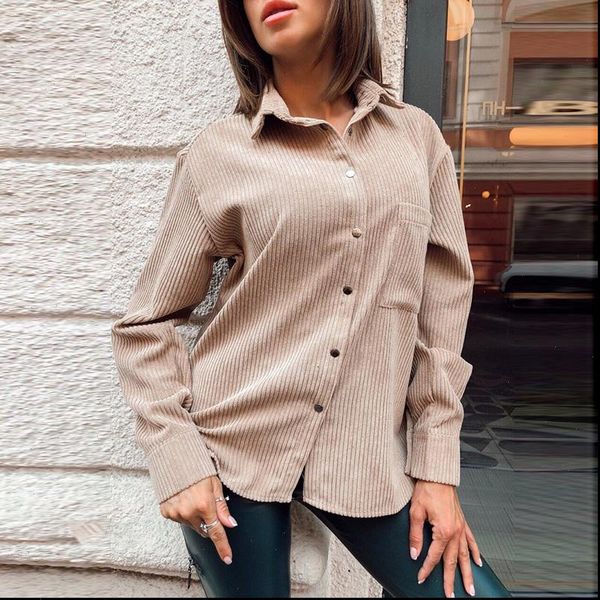 

women casual pockets corduroy velvet blouse long sleeve turn down collar solid office lady shirt 2021 winter women, White