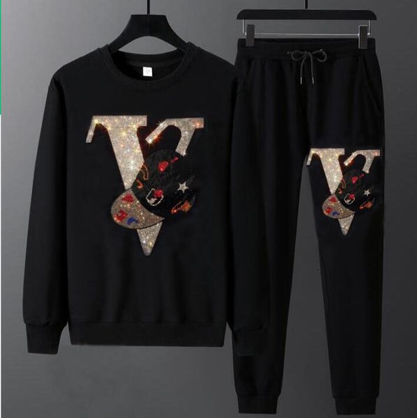 

2021 new 2 piece set rhinestones hip hop jogger tracksuit jacket sweatsuit sweatshirt hoodies sports 3bgr, Black
