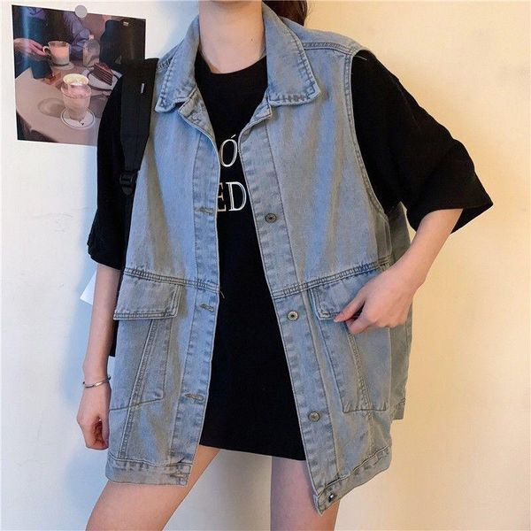 

letter printing loose denim sleeveless jean jacket streetwear women korean style jean vest casual denim waistcoat female, Black;white