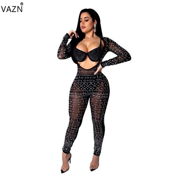 

women's jumpsuits & rompers vazn 2021 spring night club fashion novelty women solid diamonds full sleeve hollow out skinny romper wny87, Black;white