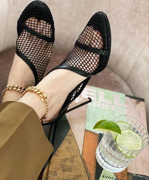 

dress shoes woman chain ankle strap leather pumps mesh caged pointed toe thin high heels female summer, Black