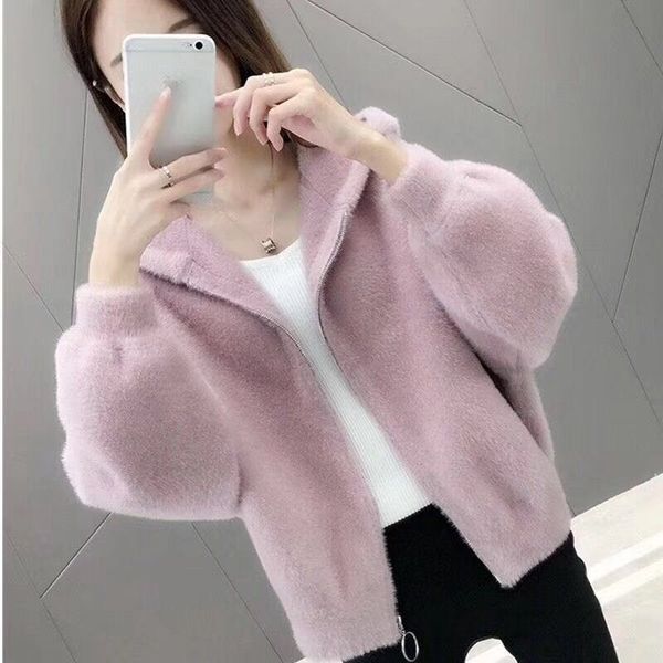 

women short solid faux mink fur coat hooded fluffy jacket v191209, Black