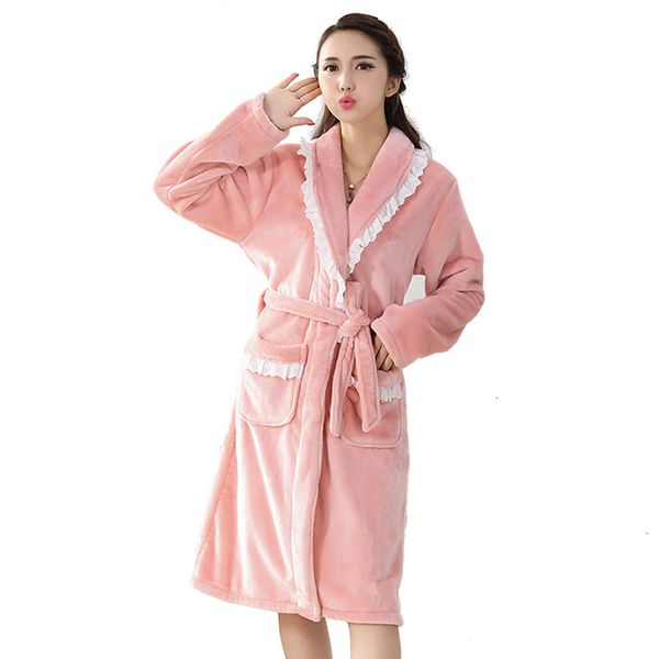 

2021 new women winter flannel midi large nightgown thicken women's bathrobe long-sleeve cleavage with sleepwear pocket bands 9q10, White