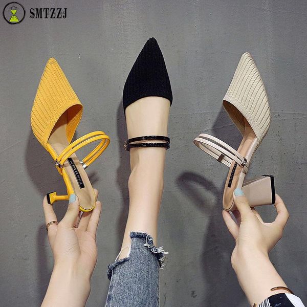 

slippers 2021 summer women mules shoes fashion brand pumps point toe low heel comfort knit sandals slip on flip flops, Black