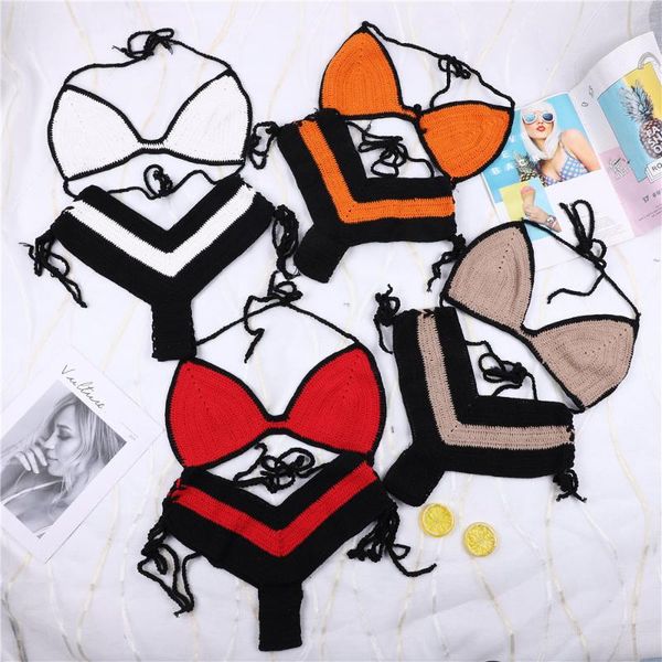 

crochet bikini set two pieces halter knitted bikinis 2021 biquini summer beach swimwear women hollow swimsuit bathing suit