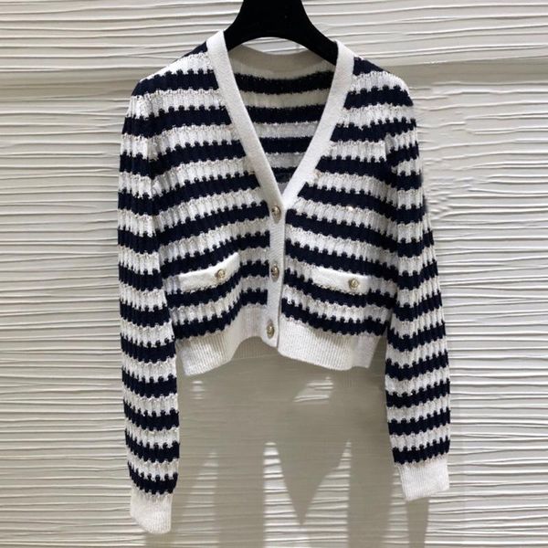 

women's knits & tees runway gold stripe luxury knit cardigan v-neck long-sleeved sweater women clothes 2021 spring casual tide brand ca, White