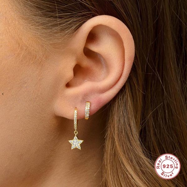 

stud aide 925 sterling silver crystal star small earrings for women jewelry fashion five pointed huggie party gift, Golden;silver