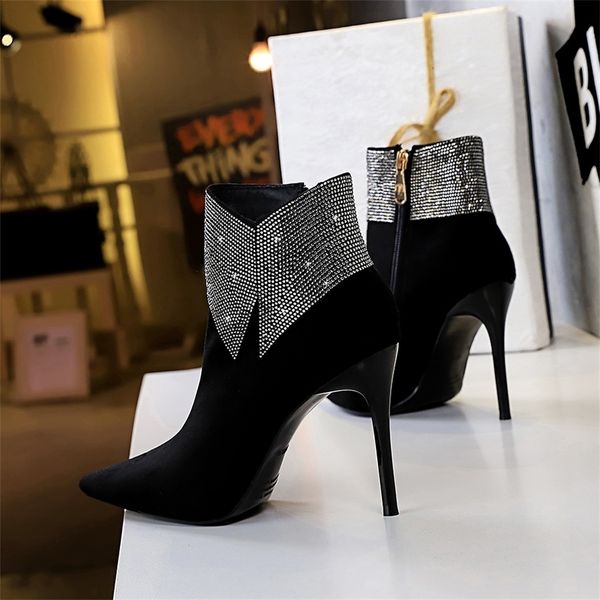 

2020 winter women's 9.5cm off shoes high heels boots fur shining crystal high heels suede boots rhinestone party shoes, Black