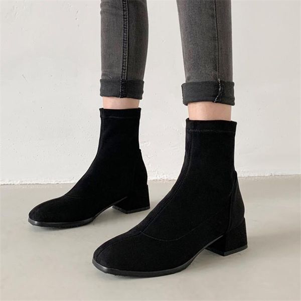 

boots black stretc women ankle thick high heel flock zipper shoes square head warm fashion party footwear size 32-43