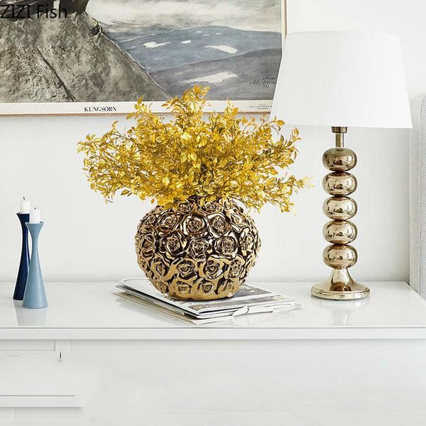

creative nordic ceramics gold emboss rose vase crafts ornaments flower arrangement modern home decorations wedding vases