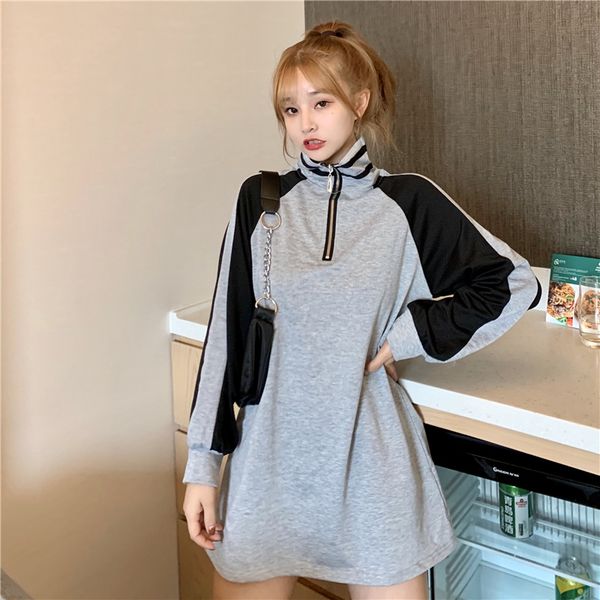 

2021 autumn new college style stitching loose zipper turtleneck sweatshirt long sleeve fashion 6dek, Black