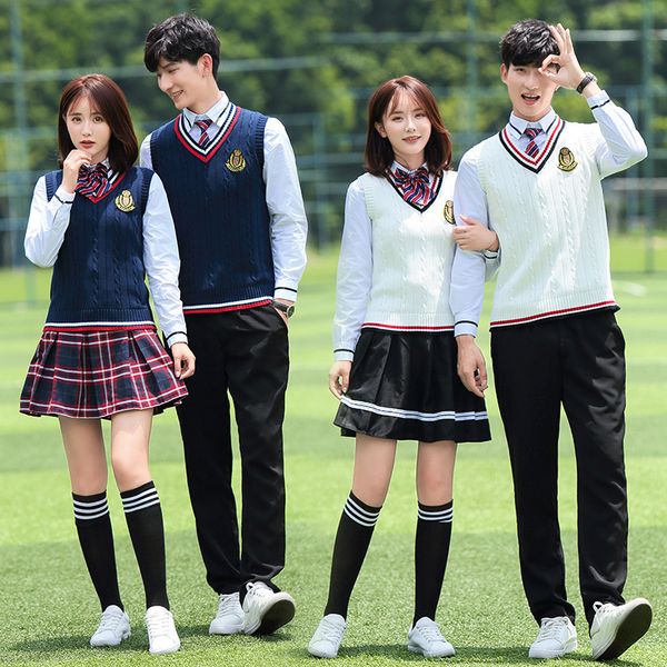 

korean girl and boy school women's two piece dress uniforms high students british japense class outfits 5pcs clothing set, White