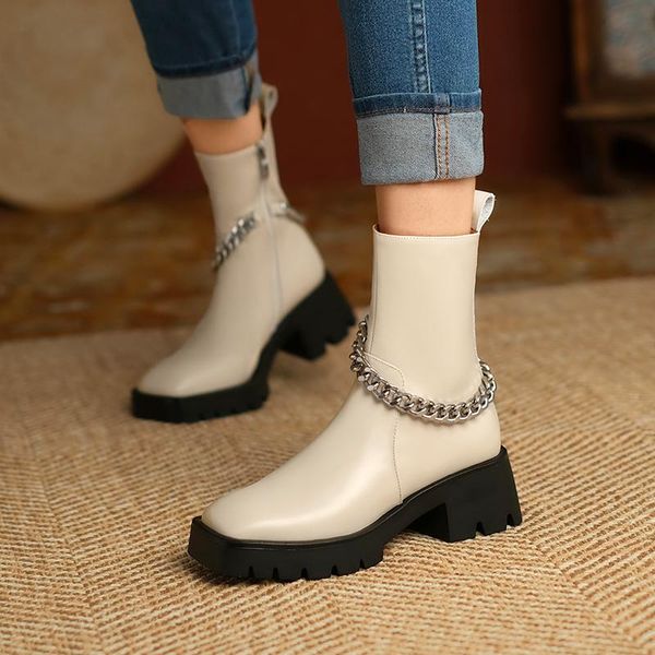 

boots women fashion genuine leather zip ankle metal chain square toe thick heel handmade shoes zapatos de mujer, Black