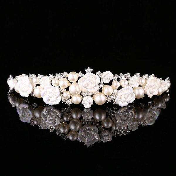 

hair clips & barrettes wedding bride crown headdress alloy fittings crystal hoop fashion jewelry soft ceramic flowers bn, Golden;silver