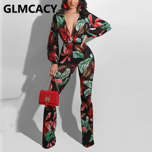 

women leaf printed long sleeve wide leg bodycon jumpsuits 210702, Black;white