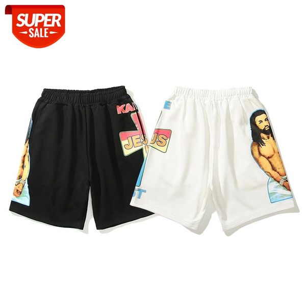 

harajuku jesus is king cross kanye west casual shorts men and women elastic waist oversize terry cotton knee length pants #ly1r, Black