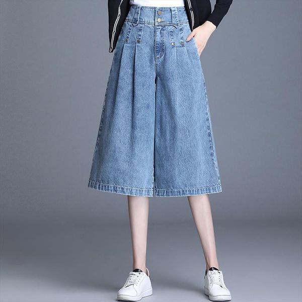 

high waist calf length women jean denim skirt pants korean loose pleated design wide leg jeans lady elegant plus size, Blue