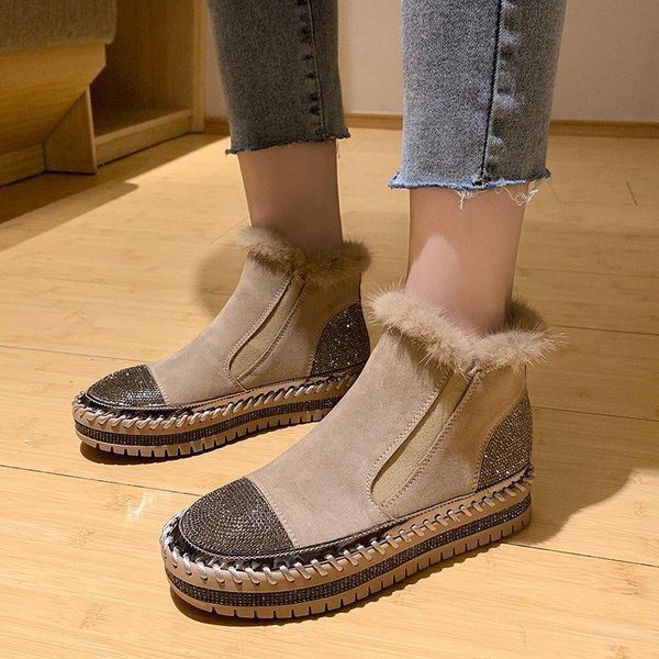 

boots kiiyilala elastic band warm fur women shoes luxury crystals design flats height increasing woman ankle female, Black