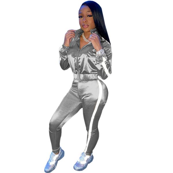 

reflective two piece set stripe patchwork womens set long sleeve zipper jacket pencil pants set jogging suit tracksuit, Gray