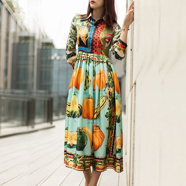 

2021 new women dress silk long pumpkin print sicily lantern sleeve collar dresses fashion iktf, Black;gray