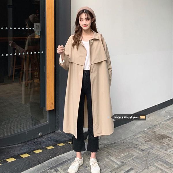 

retro british trench coat women's spring autumn 2021 new korean chic medium length solid color versatile coat fashion, Tan;black