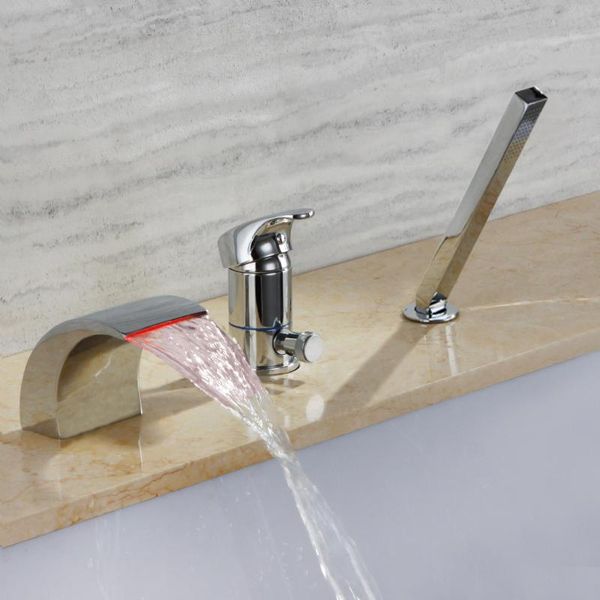 

3 hole bathtub faucets brass polished chrome deck mounted handle water with shower hand led waterfall faucet