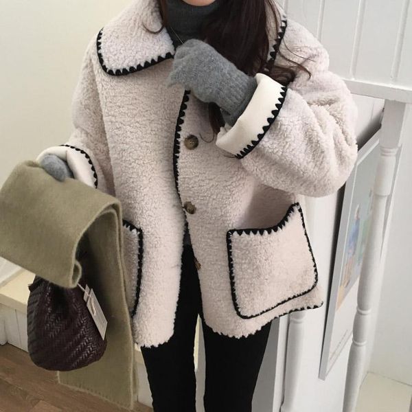 

women's fur & faux fake button turne neck short jacket long-sleeve loose autumn coat korean chic winter warm jackets, Black