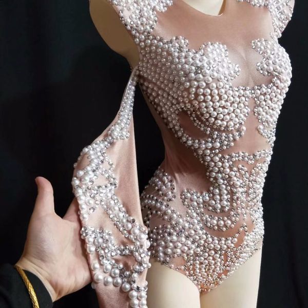 

women stage pearls dance costume long sleeve bodysuit women outfit pary celebrate bodysuit nightclub female singer leotard, Black;red