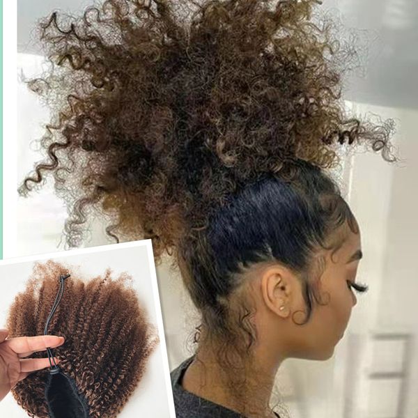 Orta Kahverengi Sapıkça Kıvırcık İpli At Kuyruğu Saç Parçası 100% İnsan Saç At Kuyruğu Klipsi Afro Puf Chignon Updo