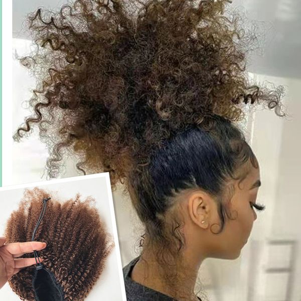 Mittelbraunes, verworrenes, lockiges Pferdeschwanz-Haarteil mit Kordelzug, 100 % Echthaar-Pferdeschwanz-Clip-in-Afro-Puff-Chignon-Hochsteckfrisur