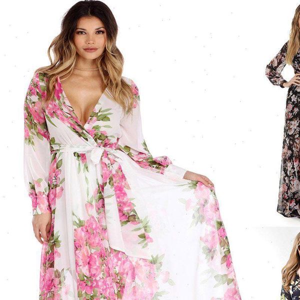 

women womens dress floral print beach ladies boho full lantern sleeve deep v neck evening party long clothing plus size, Black;gray