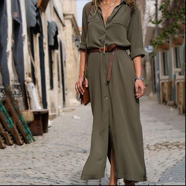 

womens casual shirt dress with belt long sleeve straight v neck dresses elegant button ankle length dress vestidos dress, Black;gray