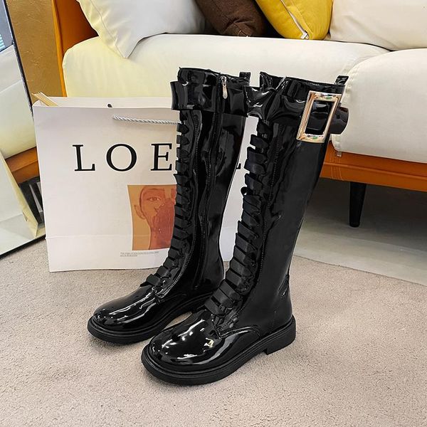 

boots round toe laces women long patent real leather ladies white casual pu zapatillas mujer, Black