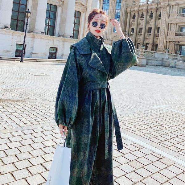 

women's wool & blends autumn winter style hooded plaid suit collar mid-length coat retro fashion high-end woolen jacket female op5, Black
