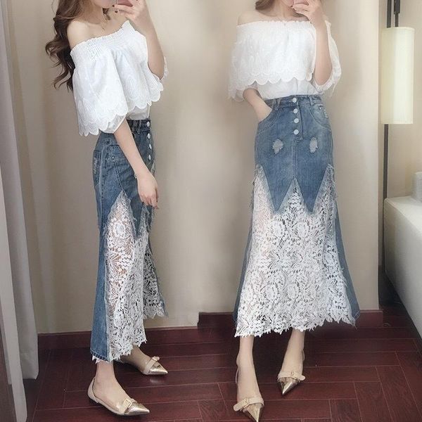 

skirts 2021 summer wear the word shoulder coat two-piece jeans, Black