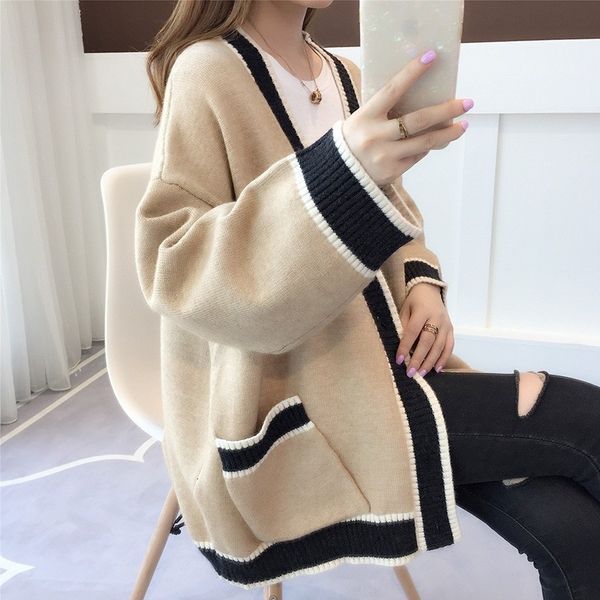 

women's sweaters lazy style knitted jacket women new early autumn loose v-neck printed cardigan fashion all-match qm* htpt, White;black