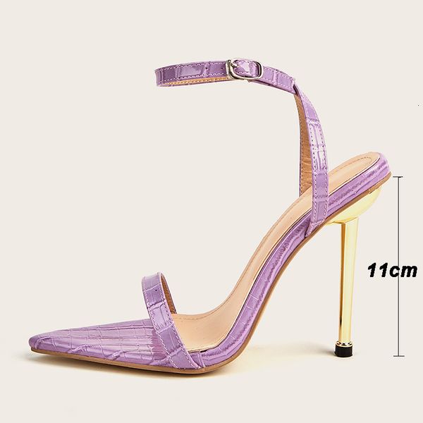 

new 2021 summer party shoes women stiletto high heels ankle strap office lady sandals pointed toe metal heel wome sandal kni7, Black