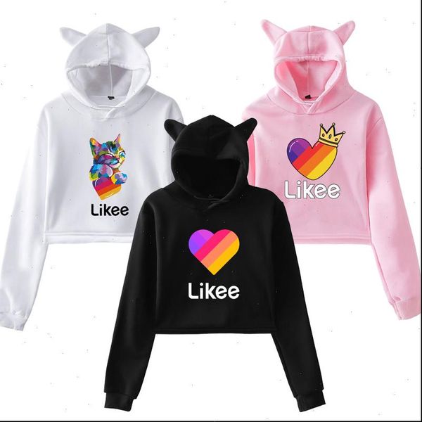 

cat ear pink russia style likee app likee hoodies women cat crop hoodie female rainbow sweatshirt trendy streetwear hip hop, Black